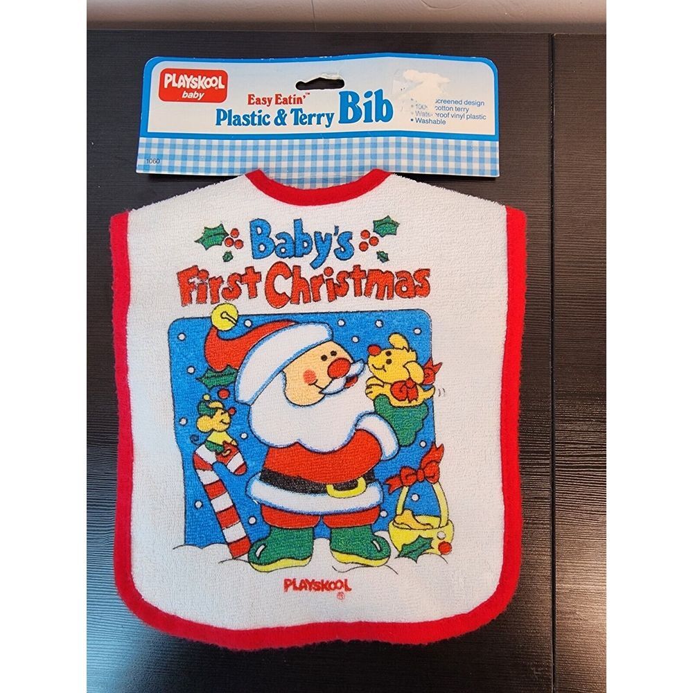 Vintage Playskool Baby's First Christmas Baby‎ Bib Terry Cloth Baby's 1st New 86